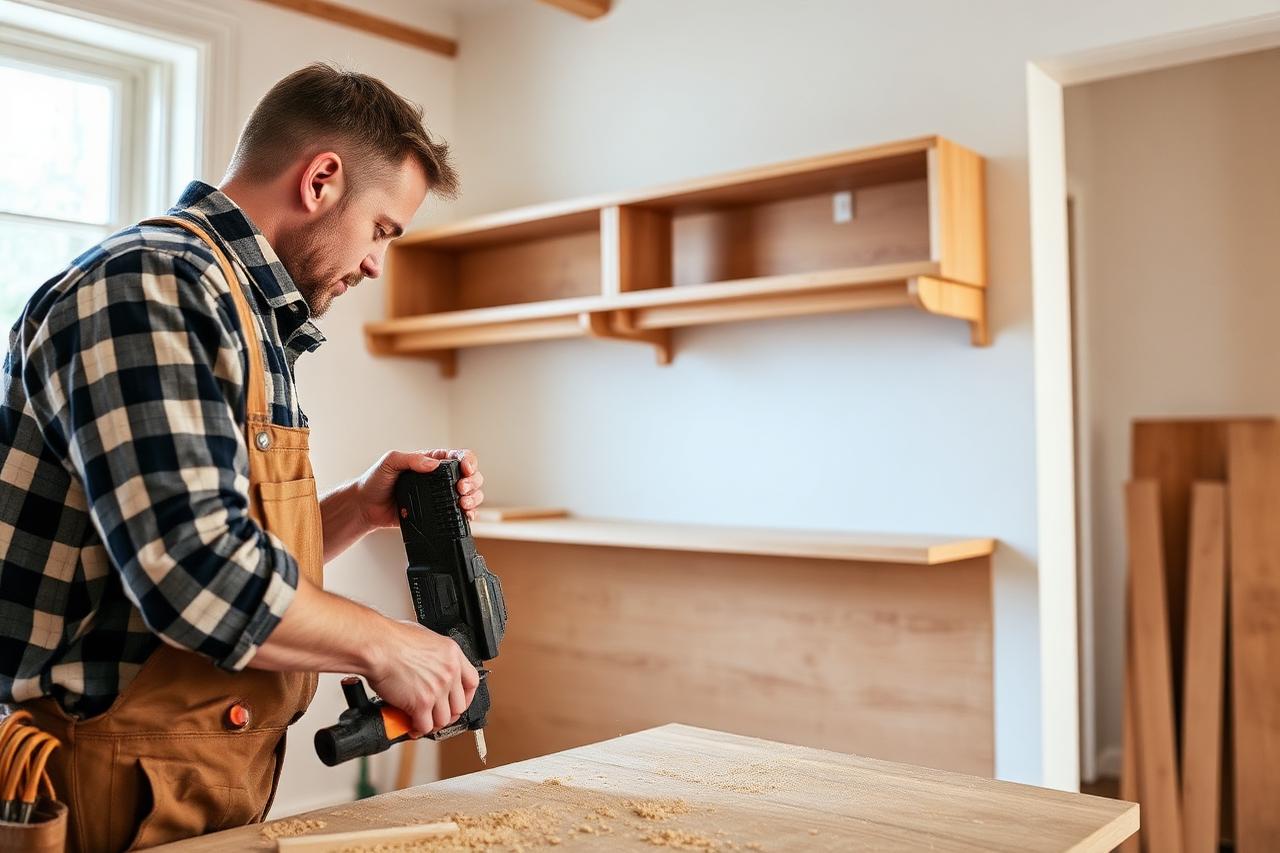 A carpenter installing wooden wall shelving in a bright home interior