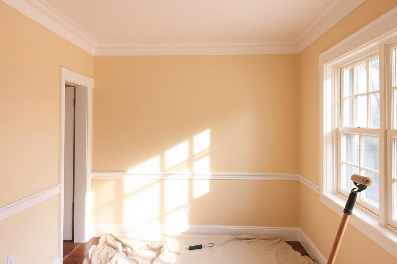 A freshly painted interior room with crisp white trim and warm cream walls