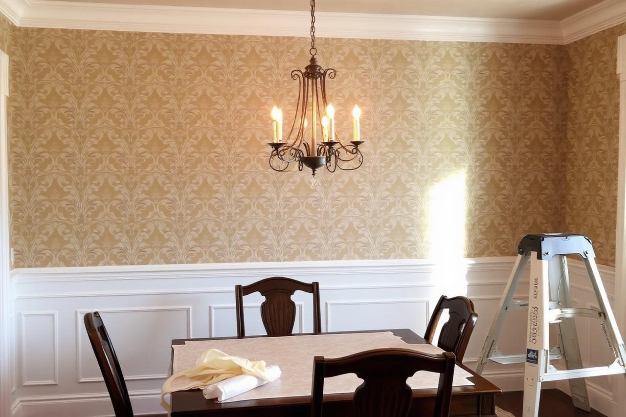 A dining room accent wall covered in patterned wallpaper above white wainscoting