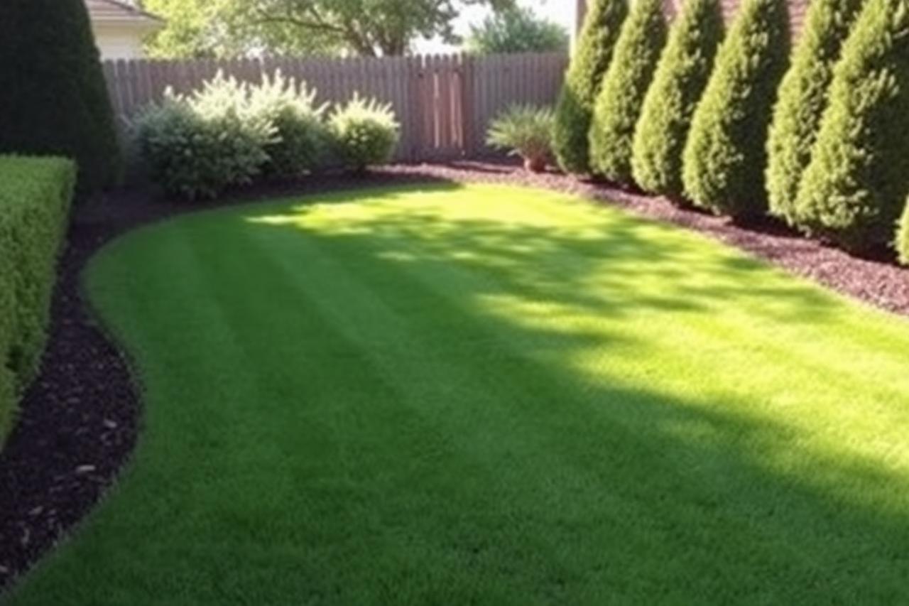 A freshly mowed green lawn bordered by trimmed hedges and mulched garden beds
